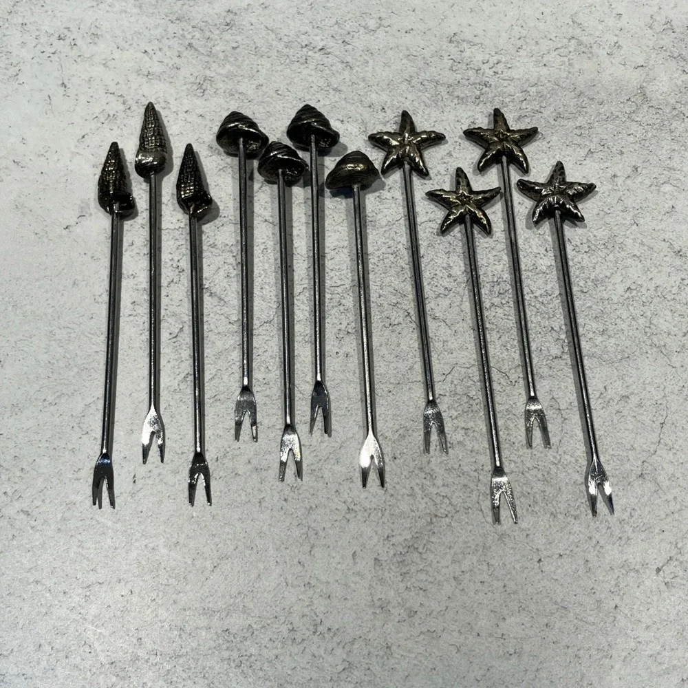 Pier 1 Silver Tone Seashells Cheese Hors D'oeuvre Appetizer Forks Picks Holder